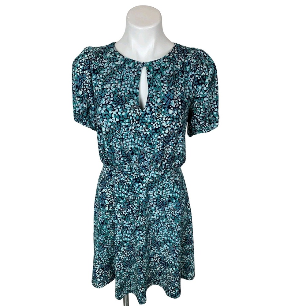 LOFT Mini Dress Womens 12 Floral Blue Puff Sleeve Keyhole Neck Ditzy Cottagecore